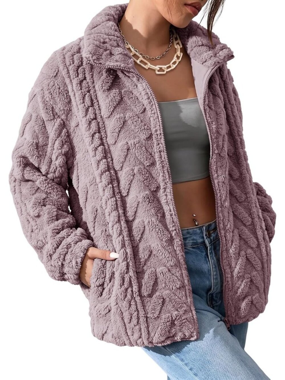 Women's Purple Sherpa Fabric Casual Coat Loose Fit Zipper Front Fleece Jacket